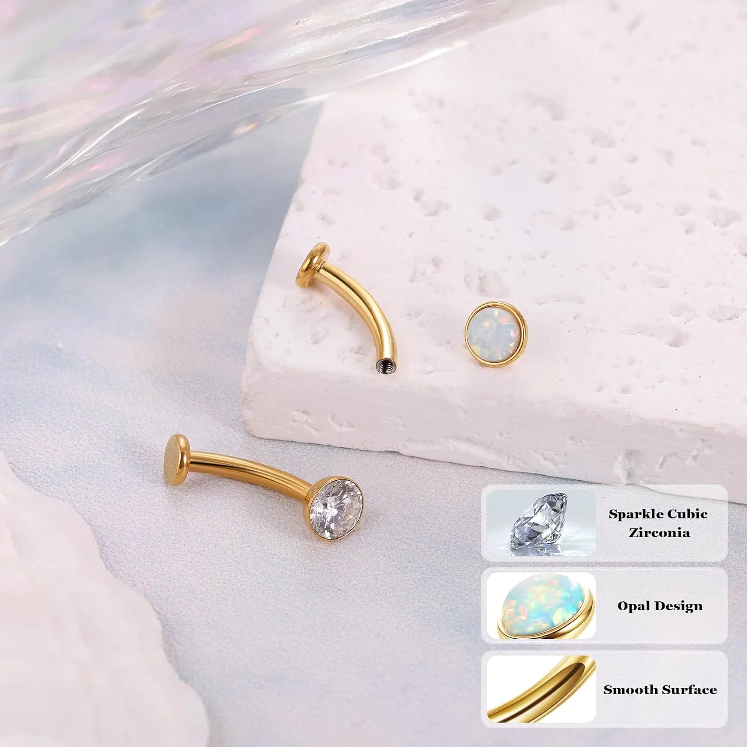 REVOLIA 2Pcs 14G F136 Titanium Floating Belly Button Rings for Women Flat Back CZ Belly Rings Opal Curved Navel Rings Disc Bottom Belly Piercings Jewelry 8/10/12/14mm