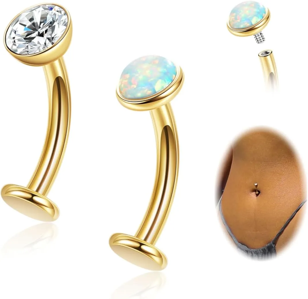 REVOLIA 2Pcs 14G F136 Titanium Floating Belly Button Rings for Women Flat Back CZ Belly Rings Opal Curved Navel Rings Disc Bottom Belly Piercings Jewelry 8/10/12/14mm
