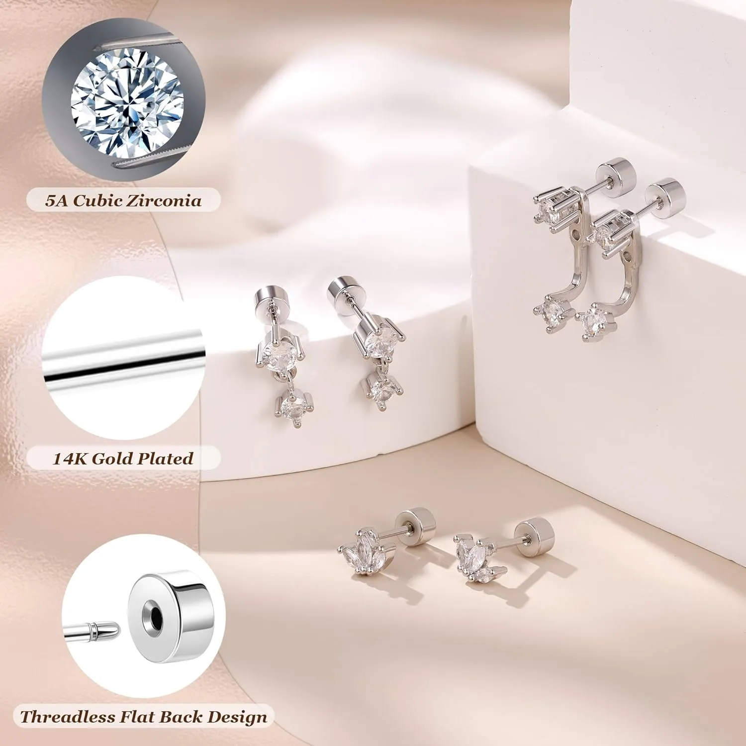 REVOLIA 3 Pairs 14K Gold Plated Threadless Flat Back Earrings for Women Dainty Flower Cubic Zirconia Stud Earrings Push in Cartilage Helix Piercing Jewelry for Sensitive Ears