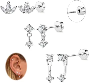 REVOLIA 3 Pairs 14K Gold Plated Threadless Flat Back Earrings for Women Dainty Flower Cubic Zirconia Stud Earrings Push in Cartilage Helix Piercing Jewelry for Sensitive Ears