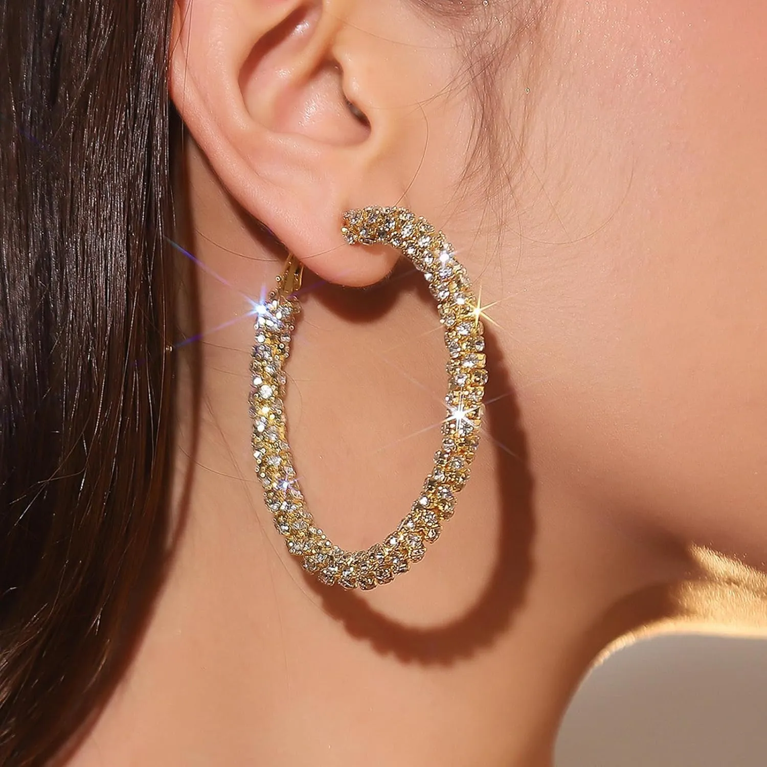 Rhinestone Hoop Earrings for Women Big Gold Silver Hoop Earrings Large Glitter Sparkly Hoops Earring Trendy Prom Wedding Formal Jewelry Gifts 2025