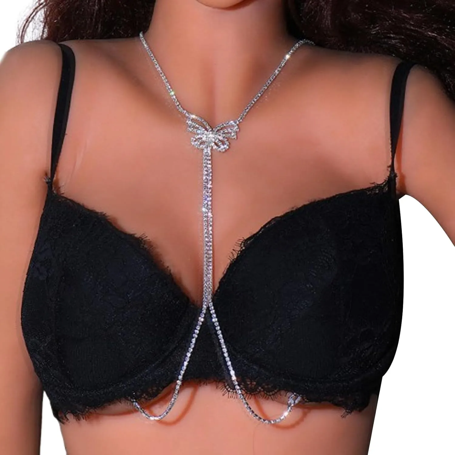 Rhinestone Non Piercing Nipple Chain Necklace for Women Sexy Crystal Butterfly Pendant Chest Chain Body Jewelry Festival Rave Nipple Accessories Jewelry
