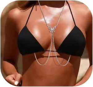 Rhinestone Non Piercing Nipple Chain Necklace for Women Sexy Crystal Butterfly Pendant Chest Chain Body Jewelry Festival Rave Nipple Accessories Jewelry