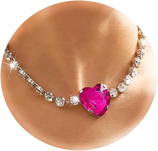 Rhinestone Pink Heart Necklace for Women Hot Pink Choker Necklace Chunky Heart Necklace Crystal Heart Choker Necklace Prom Necklaces Heart Tennis Necklace for Women Birthday Party Wedding Jewelry Accessories