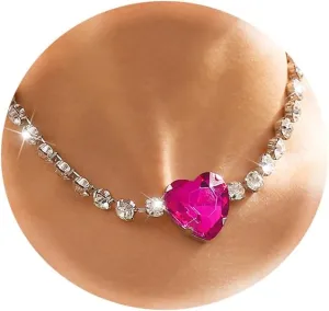 Rhinestone Pink Heart Necklace for Women Hot Pink Choker Necklace Chunky Heart Necklace Crystal Heart Choker Necklace Prom Necklaces Heart Tennis Necklace for Women Birthday Party Wedding Jewelry Accessories