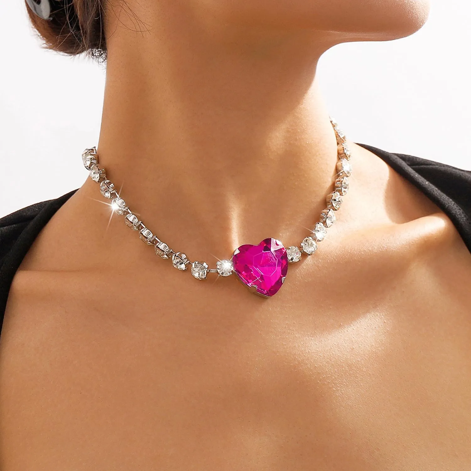 Rhinestone Pink Heart Necklace for Women Hot Pink Choker Necklace Chunky Heart Necklace Crystal Heart Choker Necklace Prom Necklaces Heart Tennis Necklace for Women Birthday Party Wedding Jewelry Accessories