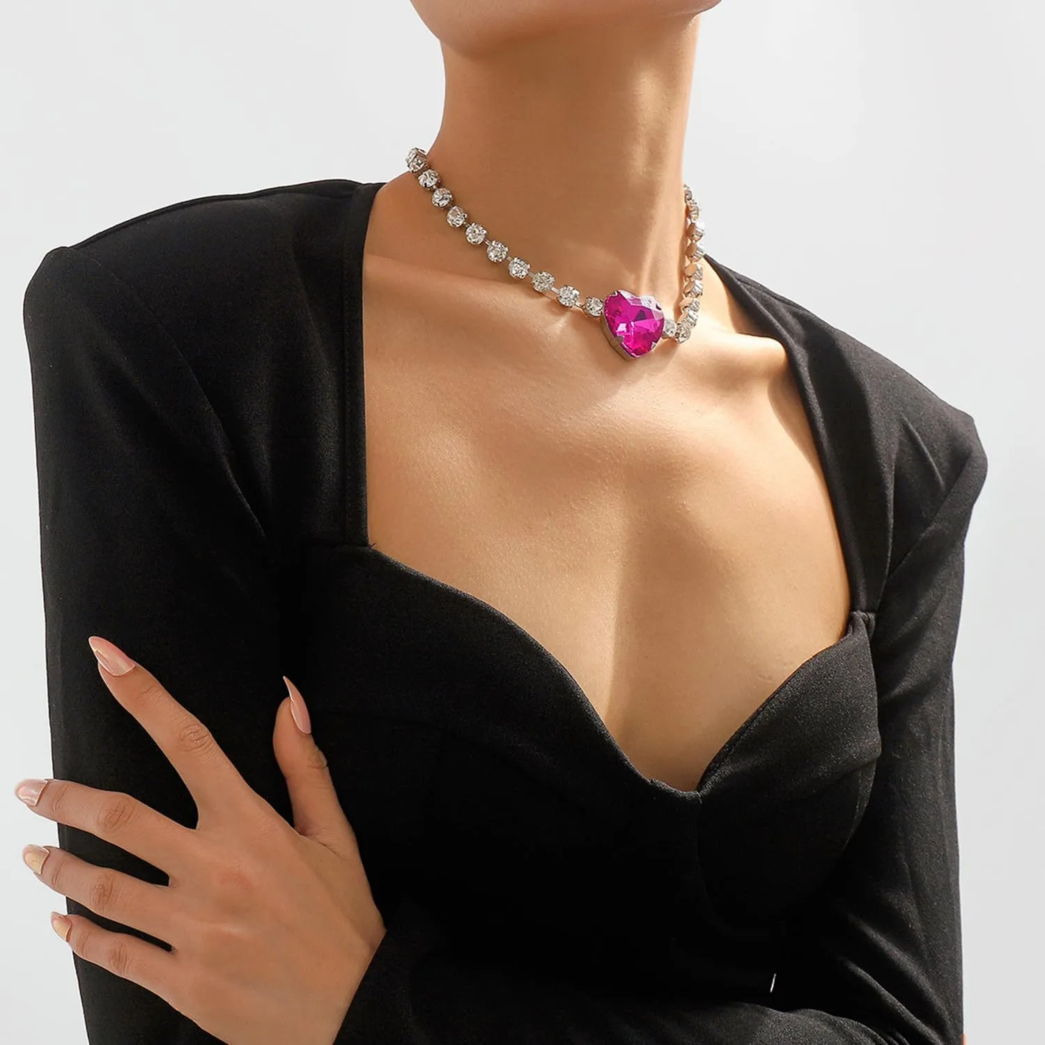 Rhinestone Pink Heart Necklace for Women Hot Pink Choker Necklace Chunky Heart Necklace Crystal Heart Choker Necklace Prom Necklaces Heart Tennis Necklace for Women Birthday Party Wedding Jewelry Accessories