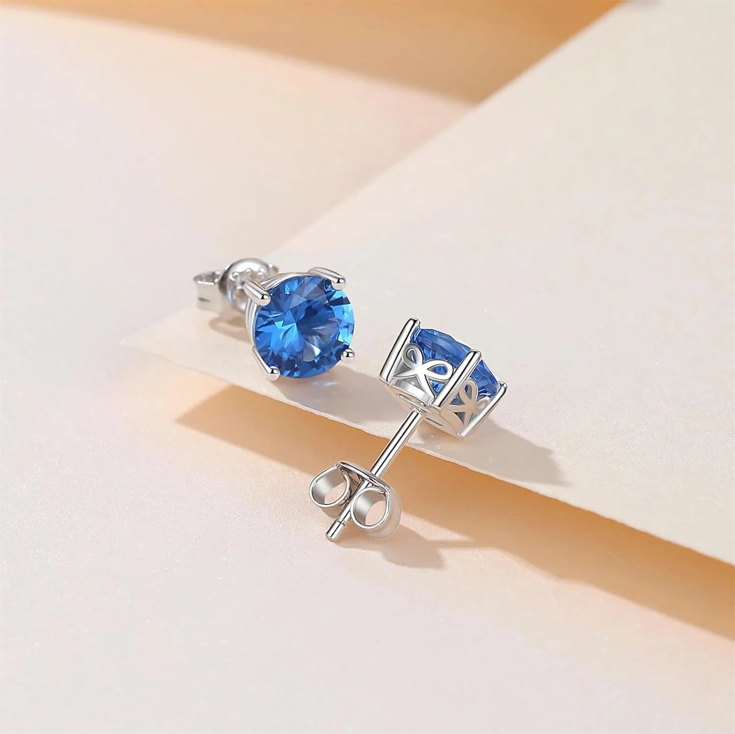 Rhodium Plated 925 Sterling Silver Round Brilliant Cut & Princess Cut Cubic Zirconia Stud Earrings for Women Hypoallergenic Silver Post Stud Earrings Fine Jewelry (With Gift Box)