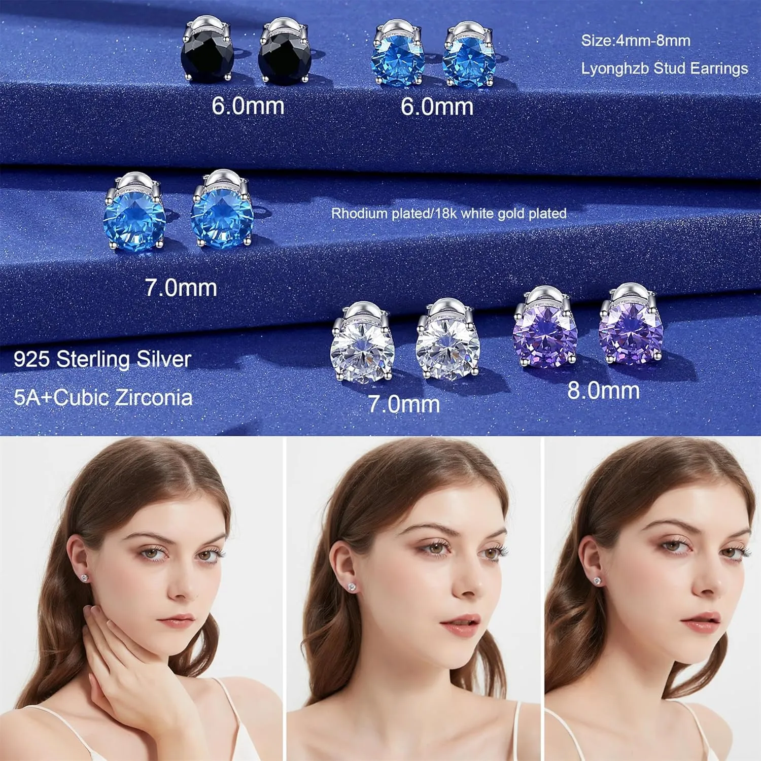 Rhodium Plated 925 Sterling Silver Round Brilliant Cut & Princess Cut Cubic Zirconia Stud Earrings for Women Hypoallergenic Silver Post Stud Earrings Fine Jewelry (With Gift Box)