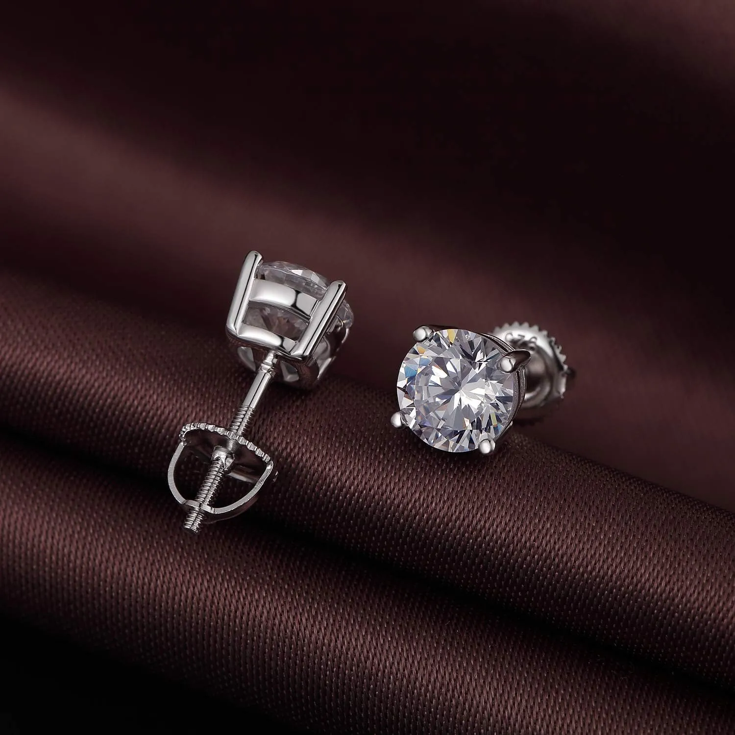 Rhodium Plated Sparkling CZ Diamond Stud Earrings 925 Sterling Silver Round Cut and Princess Cut 5A  Cubic Zirconia Stud Earrings | Screw Back CZ Stud Earrings Hypoallergenic Earrings
