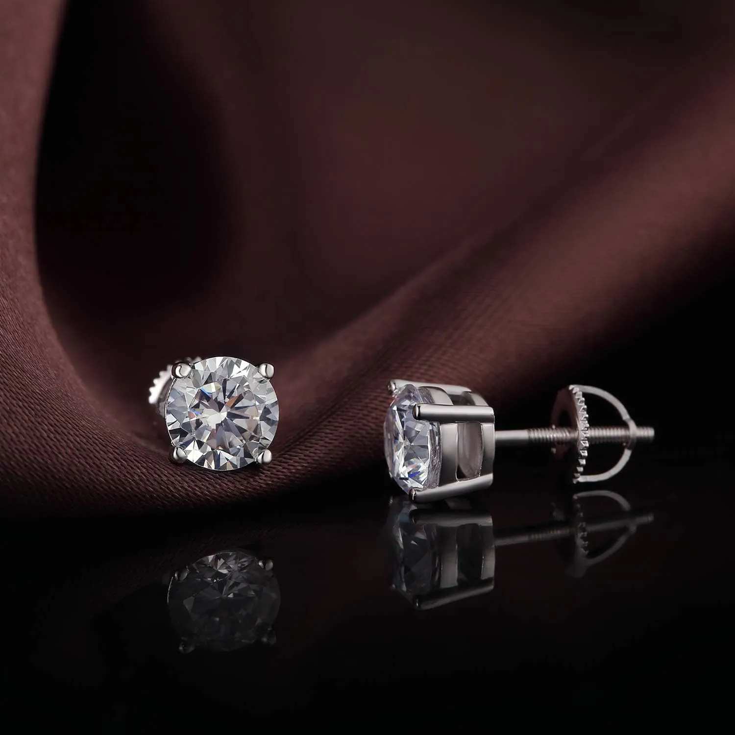 Rhodium Plated Sparkling CZ Diamond Stud Earrings 925 Sterling Silver Round Cut and Princess Cut 5A  Cubic Zirconia Stud Earrings | Screw Back CZ Stud Earrings Hypoallergenic Earrings