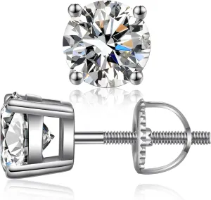 Rhodium Plated Sparkling CZ Diamond Stud Earrings 925 Sterling Silver Round Cut and Princess Cut 5A  Cubic Zirconia Stud Earrings | Screw Back CZ Stud Earrings Hypoallergenic Earrings