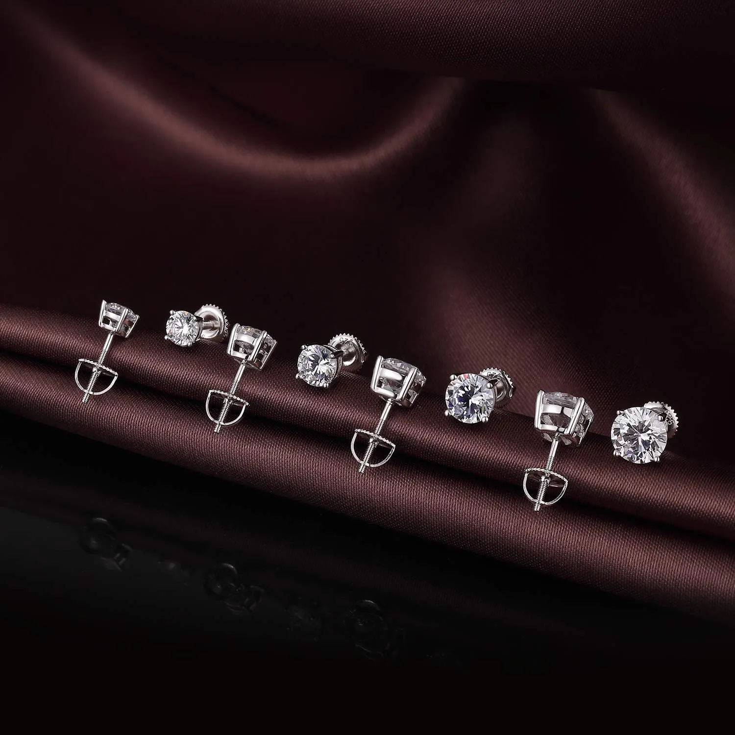 Rhodium Plated Sparkling CZ Diamond Stud Earrings 925 Sterling Silver Round Cut and Princess Cut 5A  Cubic Zirconia Stud Earrings | Screw Back CZ Stud Earrings Hypoallergenic Earrings