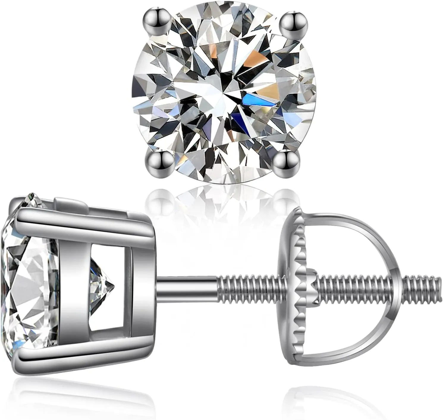 Rhodium Plated Sparkling CZ Diamond Stud Earrings 925 Sterling Silver Round Cut and Princess Cut 5A  Cubic Zirconia Stud Earrings | Screw Back CZ Stud Earrings Hypoallergenic Earrings