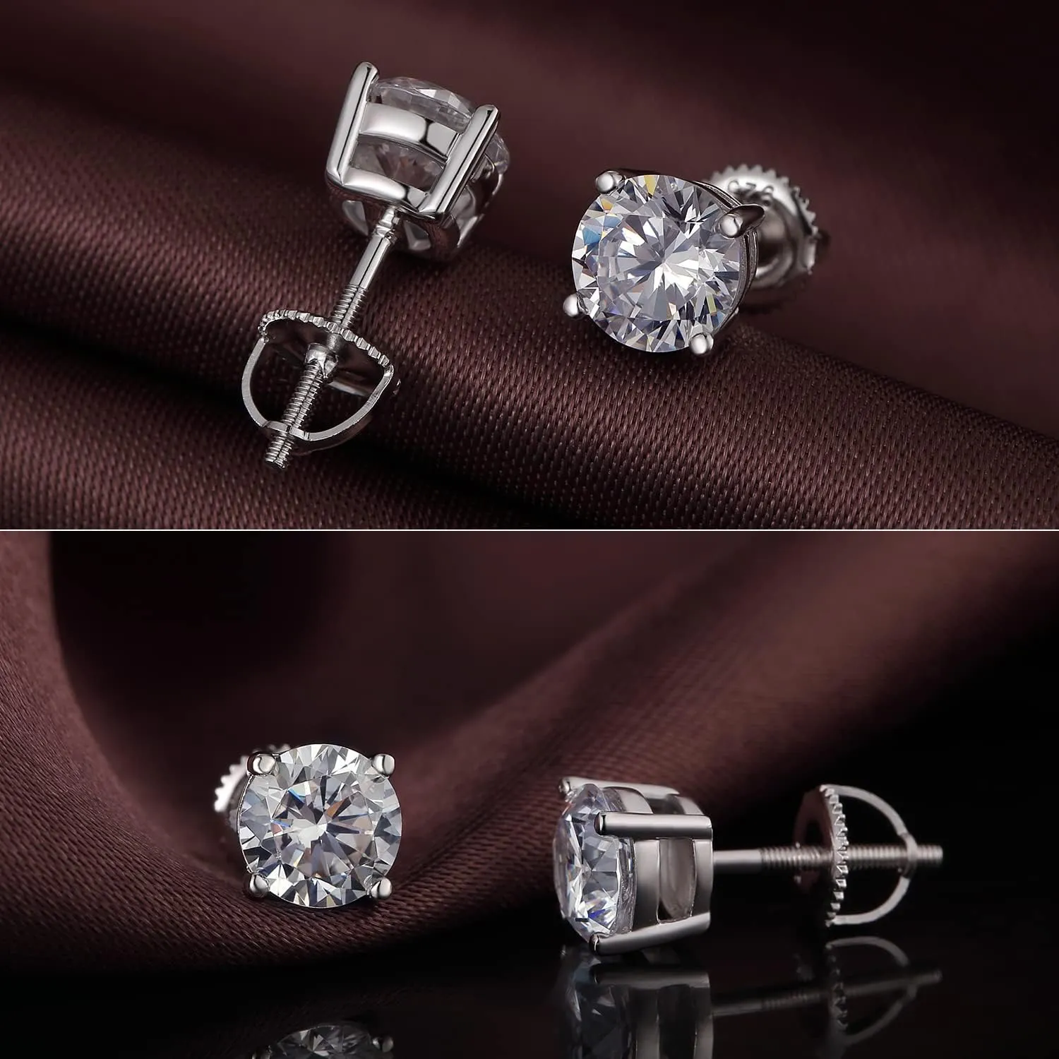 Rhodium Plated Sparkling CZ Diamond Stud Earrings 925 Sterling Silver Round Cut and Princess Cut 5A  Cubic Zirconia Stud Earrings | Screw Back CZ Stud Earrings Hypoallergenic Earrings