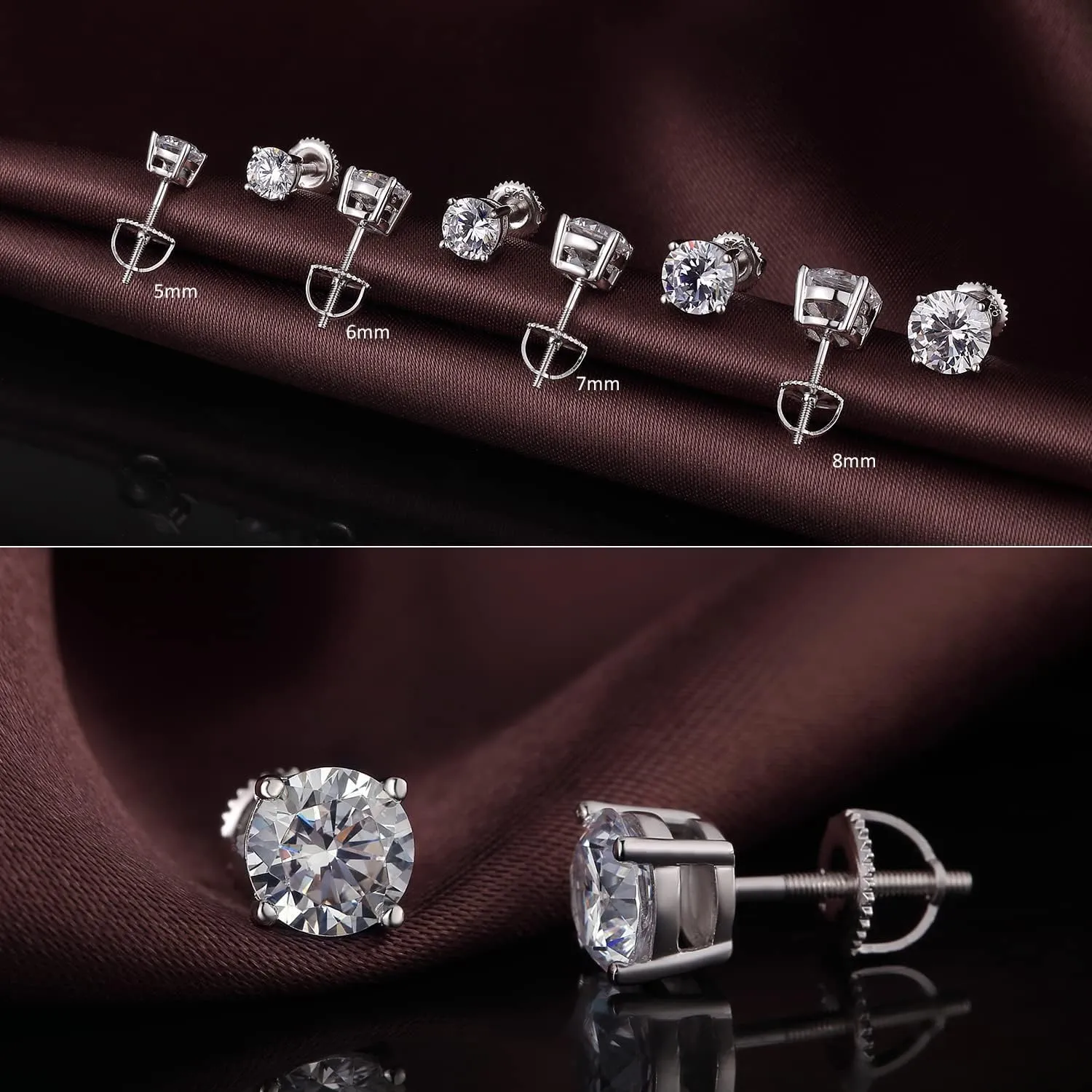 Rhodium Plated Sparkling CZ Diamond Stud Earrings 925 Sterling Silver Round Cut and Princess Cut 5A  Cubic Zirconia Stud Earrings | Screw Back CZ Stud Earrings Hypoallergenic Earrings