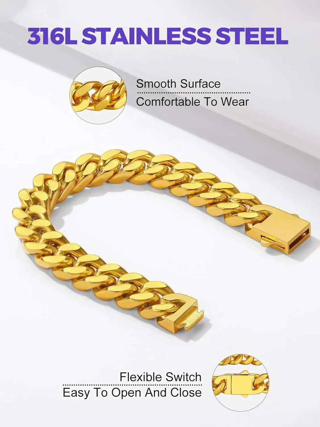 Richsteel 5/7/9/12mm Wide Miami Cuban Link Chain Bracelet for Men Women,Father's Day Stainless Steel Chain Bracelet,7.4/8.2/9 Inch Length,Hip Hop Urban Street-wear Jewelry