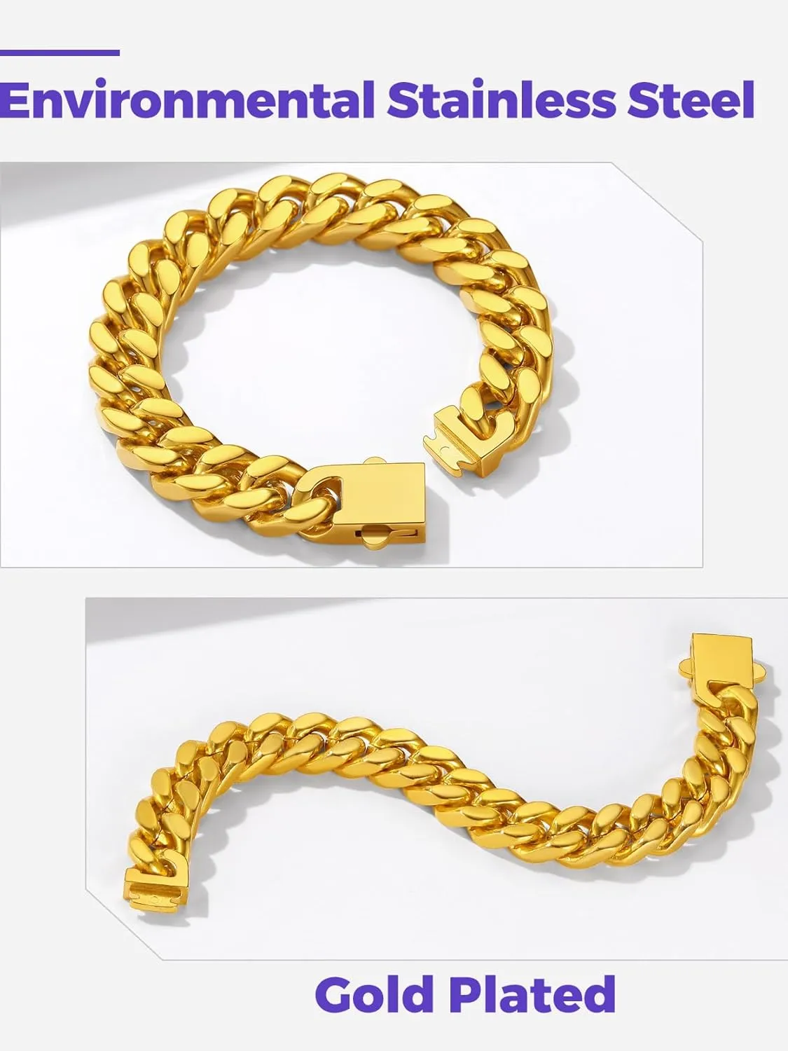 Richsteel 5/7/9/12mm Wide Miami Cuban Link Chain Bracelet for Men Women,Father's Day Stainless Steel Chain Bracelet,7.4/8.2/9 Inch Length,Hip Hop Urban Street-wear Jewelry