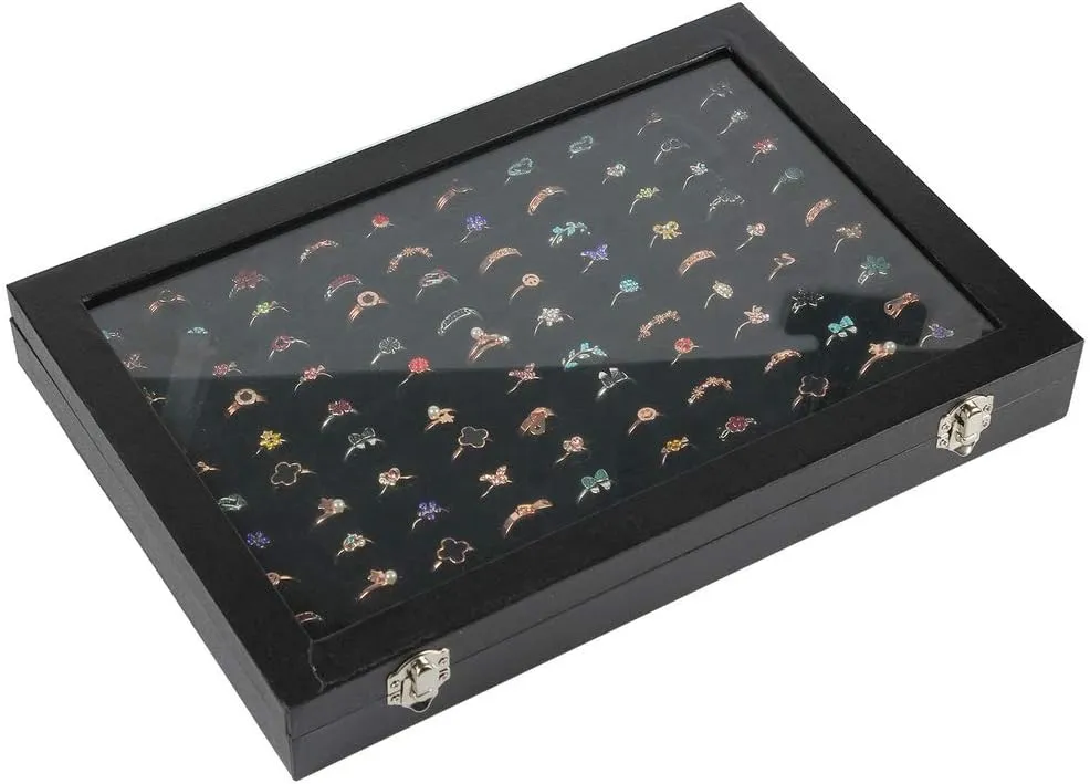 Ring Display Case Organizer Box with Transparent Lid, Ring Holder Showcase For Store Display Jewelry Show Home, Ring Organizer For Jewelry Rings, Studs Earrings (100 Slot, Black)