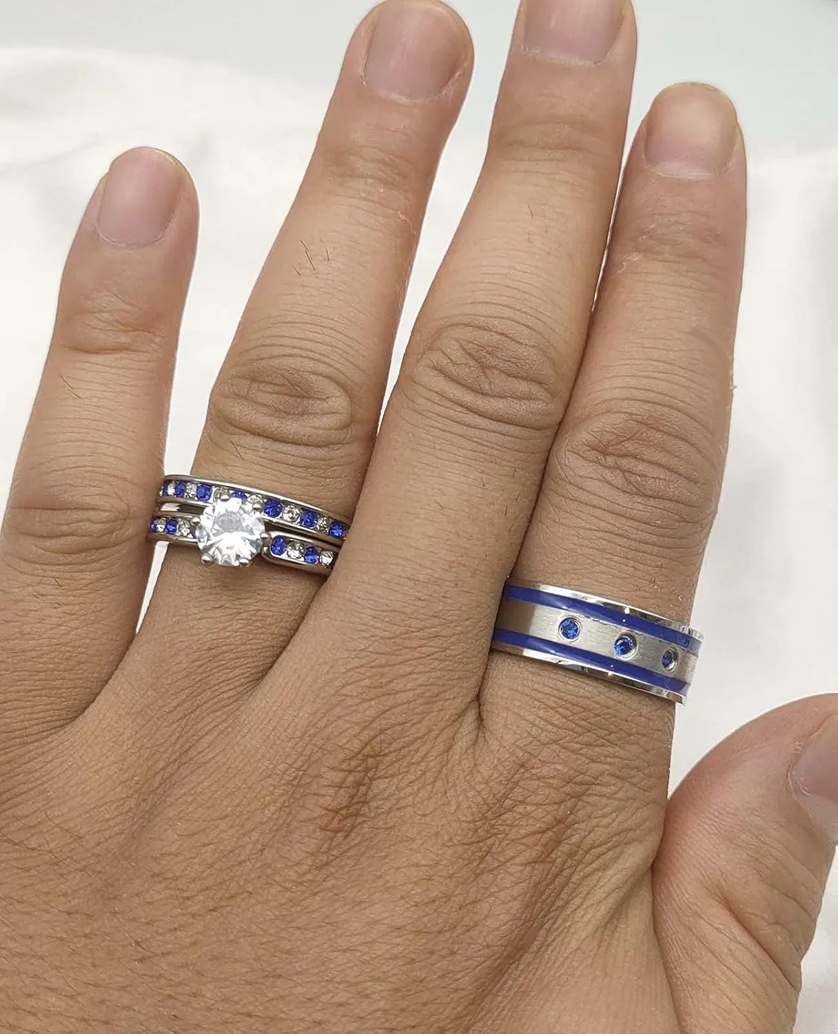 ringheart 2 His and Hers Ring Couple Rings White Gold Plated Blue Cz Womens Wedding Ring Sets Titanium Steel Mens Wedding Bands