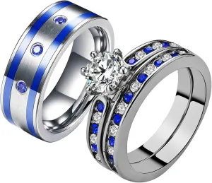 ringheart 2 His and Hers Ring Couple Rings White Gold Plated Blue Cz Womens Wedding Ring Sets Titanium Steel Mens Wedding Bands