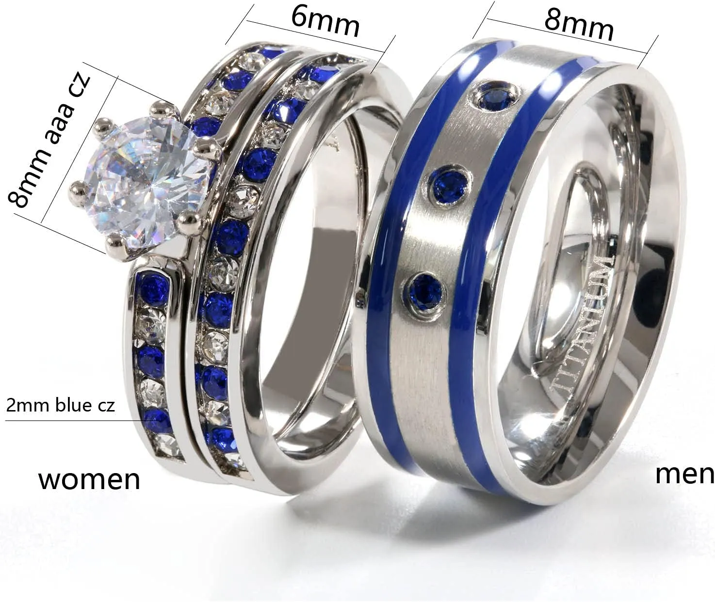 ringheart 2 His and Hers Ring Couple Rings White Gold Plated Blue Cz Womens Wedding Ring Sets Titanium Steel Mens Wedding Bands