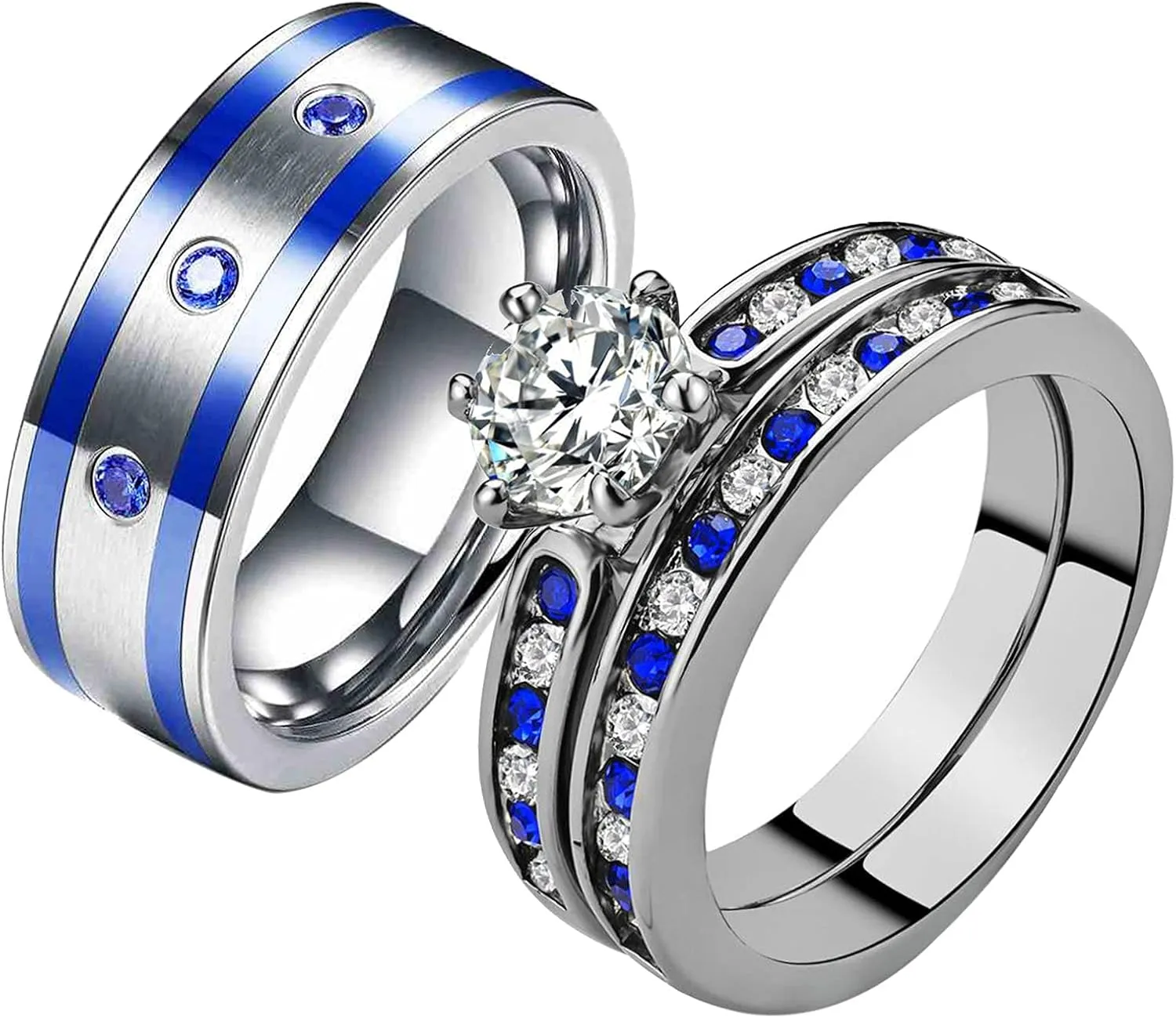 ringheart 2 His and Hers Ring Couple Rings White Gold Plated Blue Cz Womens Wedding Ring Sets Titanium Steel Mens Wedding Bands