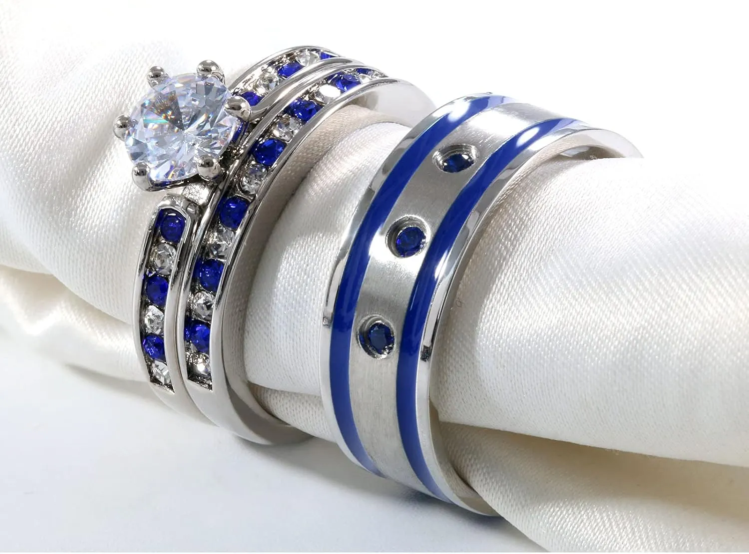 ringheart 2 His and Hers Ring Couple Rings White Gold Plated Blue Cz Womens Wedding Ring Sets Titanium Steel Mens Wedding Bands