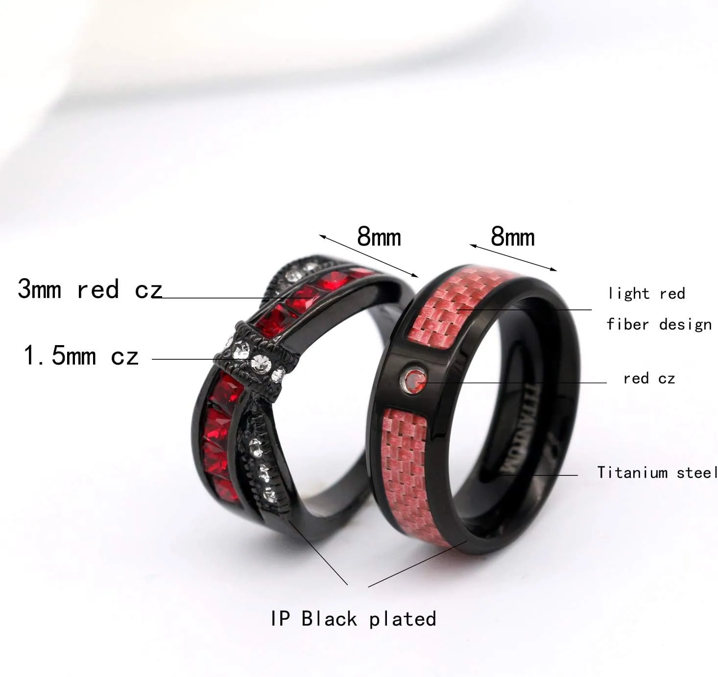 ringheart 2 Rings His and Hers Couple Rings Red Cz Rings Womens Wedding Ring Titanium Steel Mens Wedding Bands