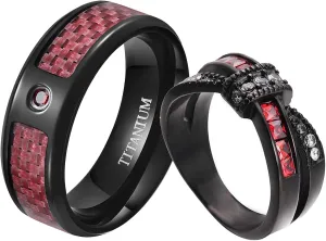 ringheart 2 Rings His and Hers Couple Rings Red Cz Rings Womens Wedding Ring Titanium Steel Mens Wedding Bands
