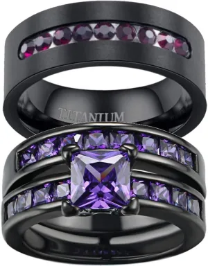ringheart Couple Rings Black Gold Filled Princess Cut Purple Cz Womens Wedding Ring Sets Man Titanium Wedding BandPlease Buy 2 Rings for 1 Pair