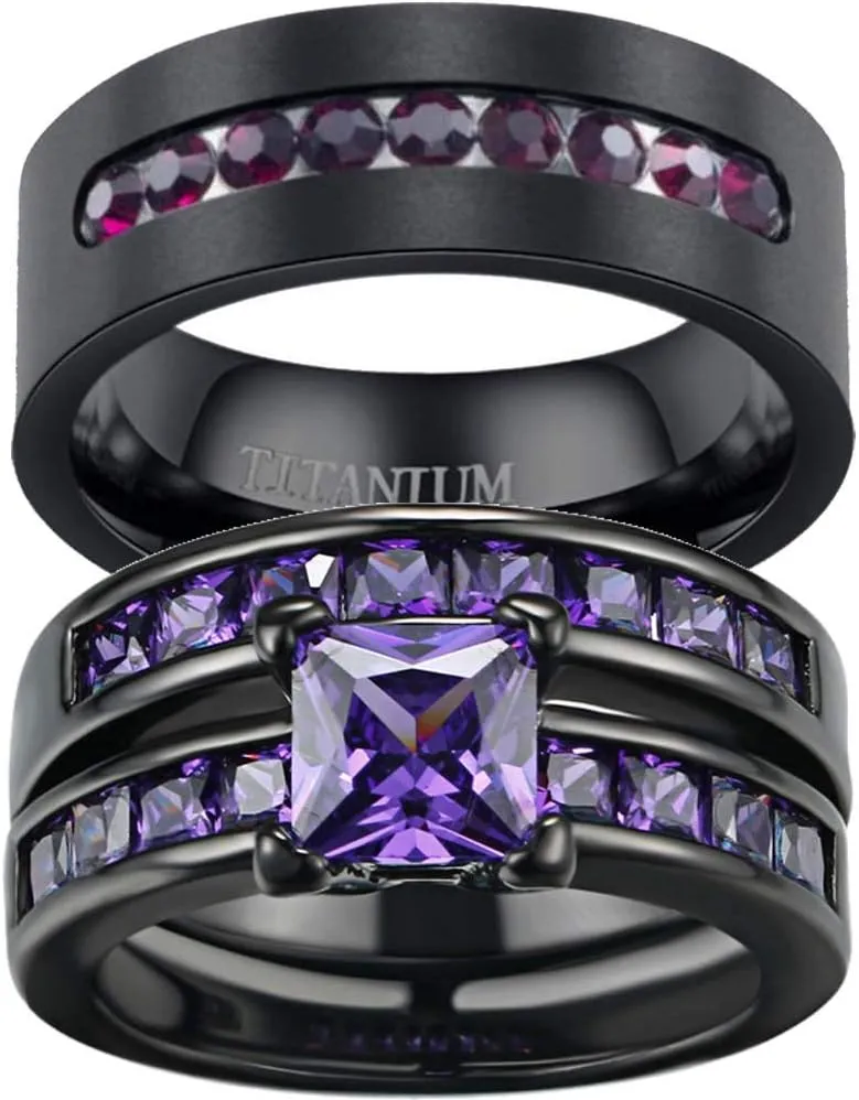 ringheart Couple Rings Black Gold Filled Princess Cut Purple Cz Womens Wedding Ring Sets Man Titanium Wedding BandPlease Buy 2 Rings for 1 Pair