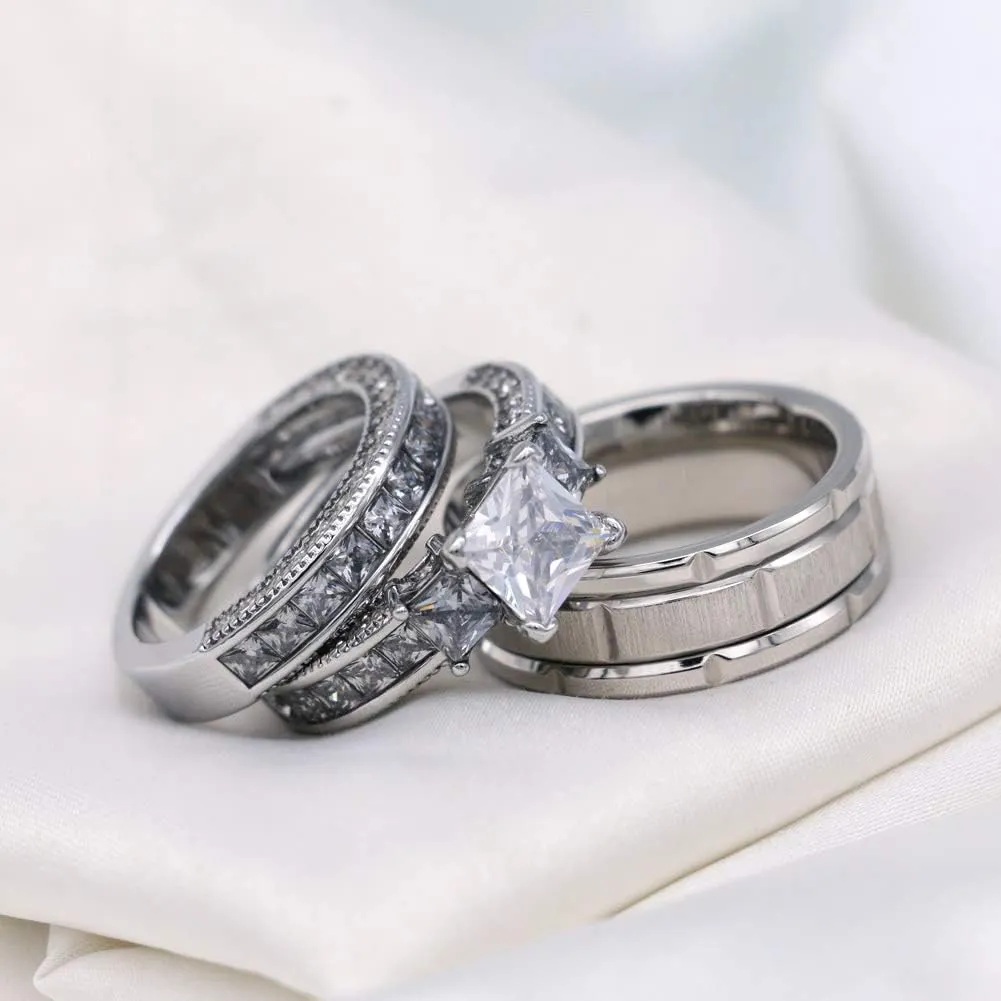 ringheart Couple Rings Three stone Yellow Gold Filled Princess cut Cz Womens Wedding Ring Sets Titanium Wedding Band