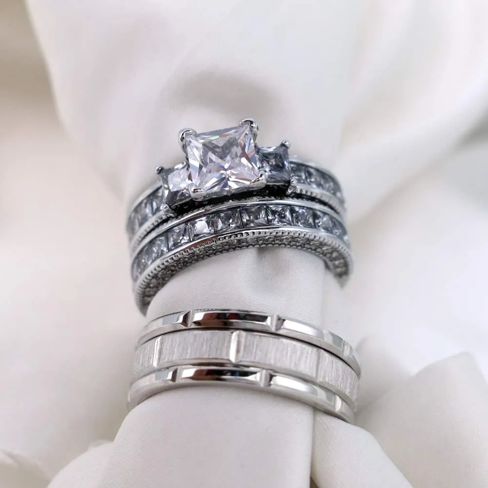 ringheart Couple Rings Three stone Yellow Gold Filled Princess cut Cz Womens Wedding Ring Sets Titanium Wedding Band