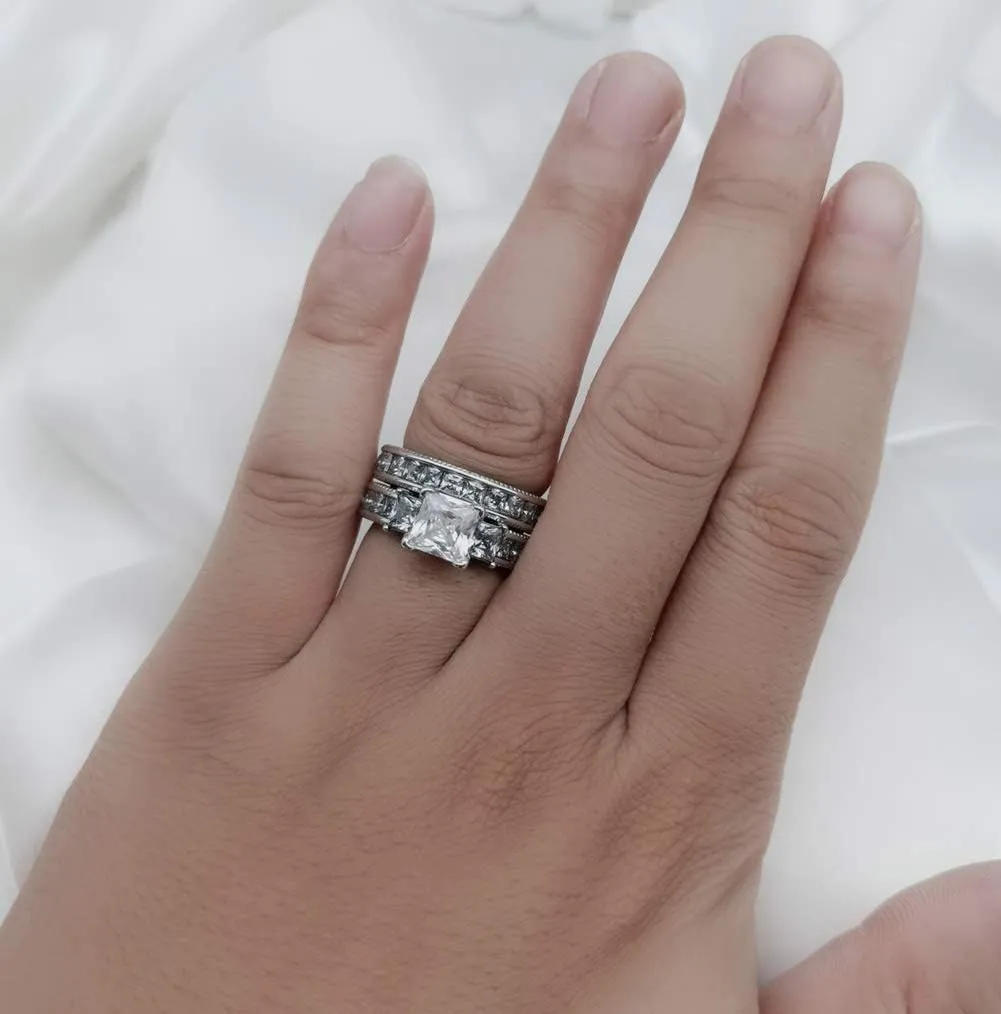ringheart Couple Rings Three stone Yellow Gold Filled Princess cut Cz Womens Wedding Ring Sets Titanium Wedding Band