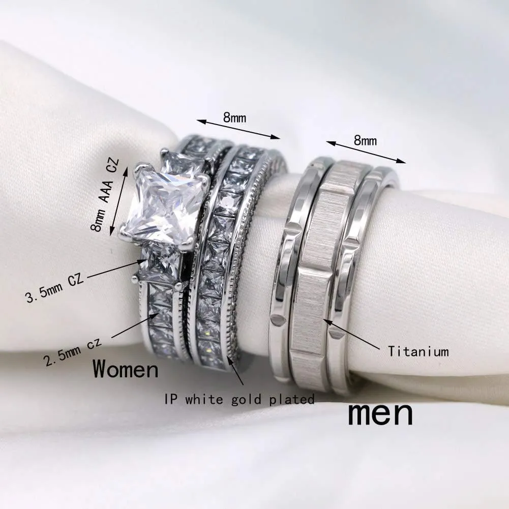 ringheart Couple Rings Three stone Yellow Gold Filled Princess cut Cz Womens Wedding Ring Sets Titanium Wedding Band