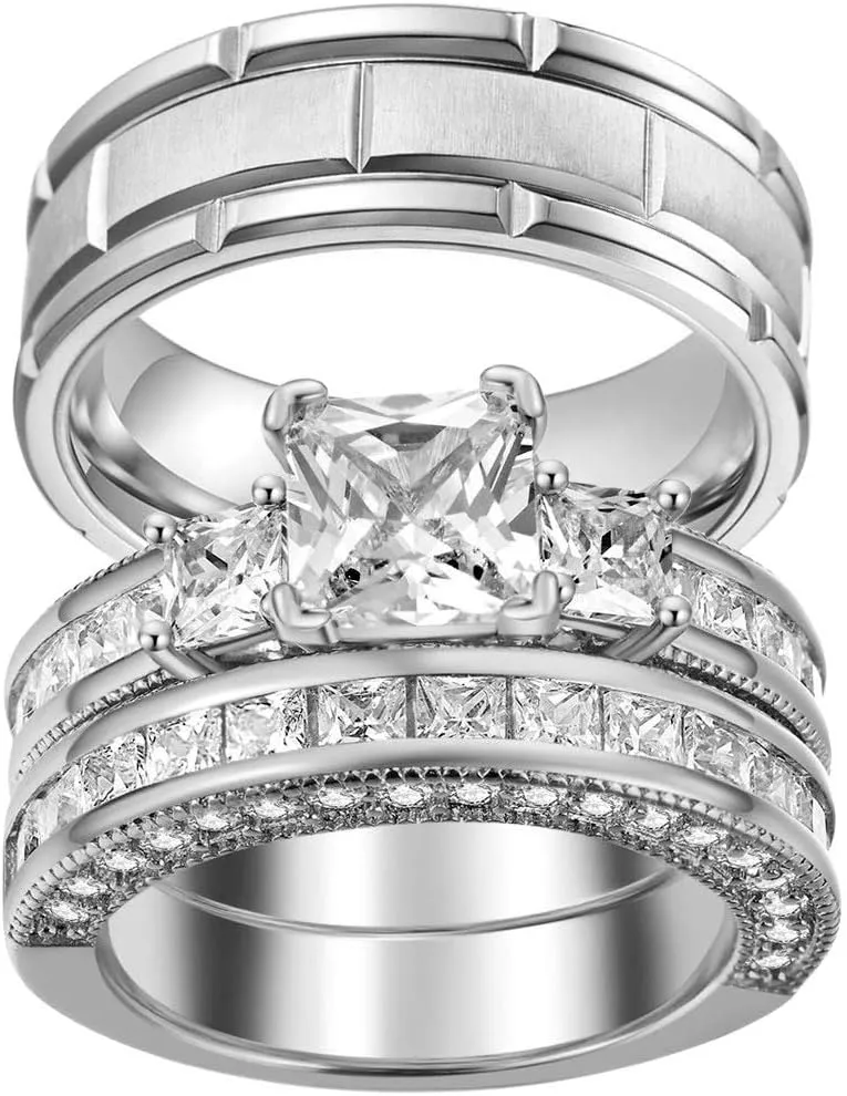 ringheart Couple Rings Three stone Yellow Gold Filled Princess cut Cz Womens Wedding Ring Sets Titanium Wedding Band