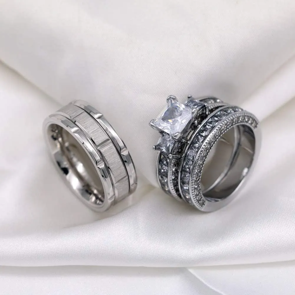 ringheart Couple Rings Three stone Yellow Gold Filled Princess cut Cz Womens Wedding Ring Sets Titanium Wedding Band