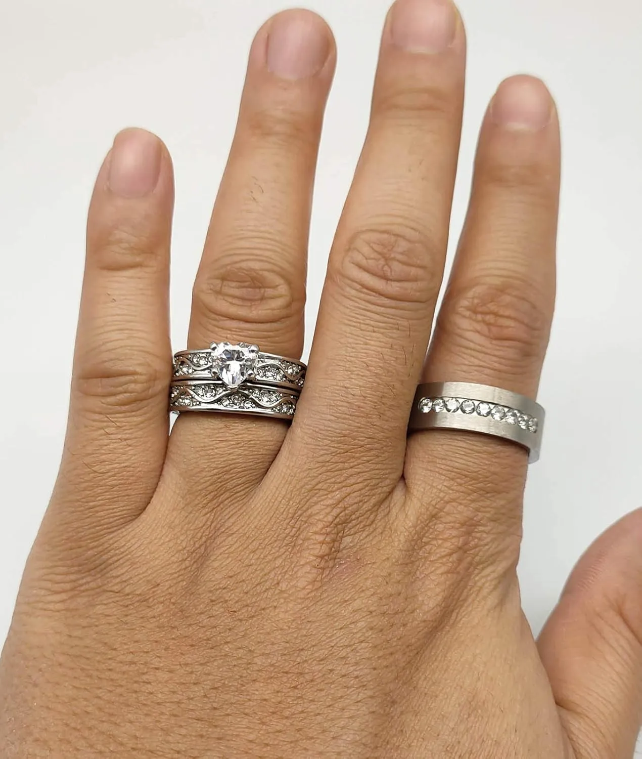 ringheart Matching Rings Couple Rings White Gold Plated Heart Cut Cz Womens Wedding Ring Sets Titanium Steel Man Ring(Please Buy 2 Rings for 1 Pair