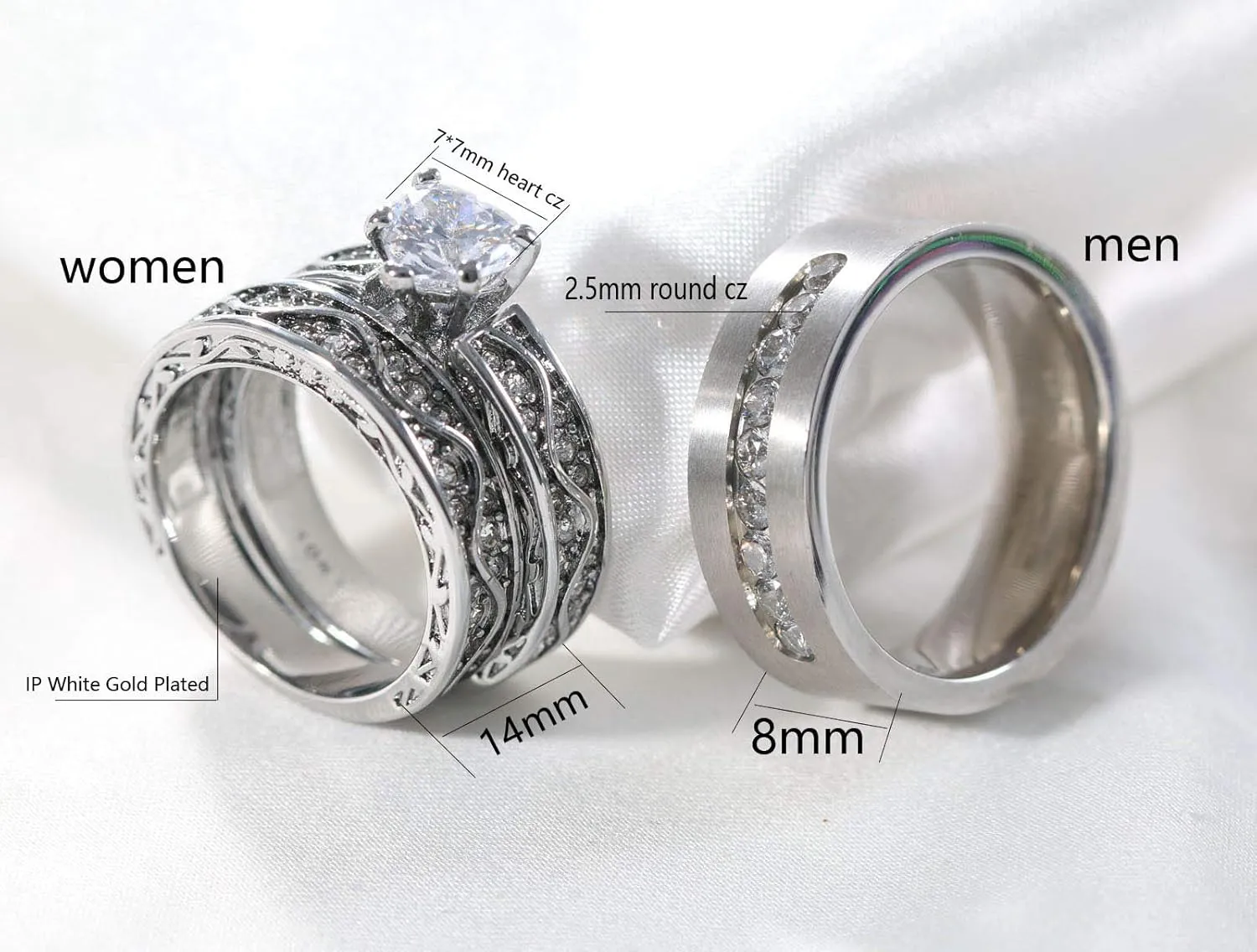 ringheart Matching Rings Couple Rings White Gold Plated Heart Cut Cz Womens Wedding Ring Sets Titanium Steel Man Ring(Please Buy 2 Rings for 1 Pair