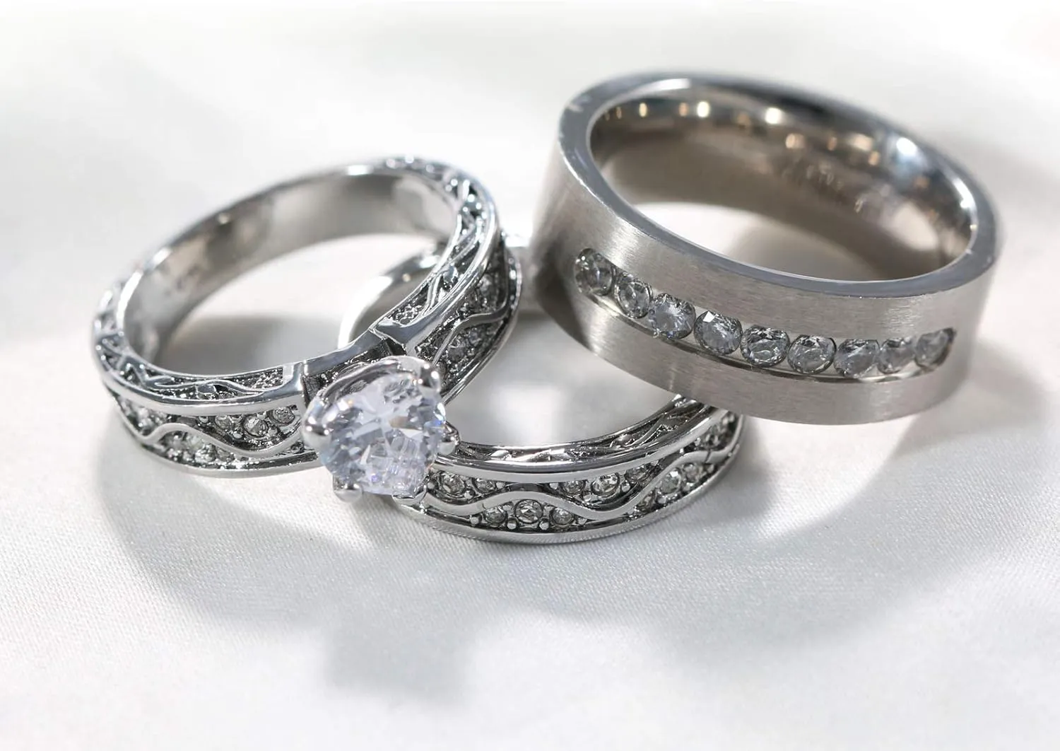 ringheart Matching Rings Couple Rings White Gold Plated Heart Cut Cz Womens Wedding Ring Sets Titanium Steel Man Ring(Please Buy 2 Rings for 1 Pair