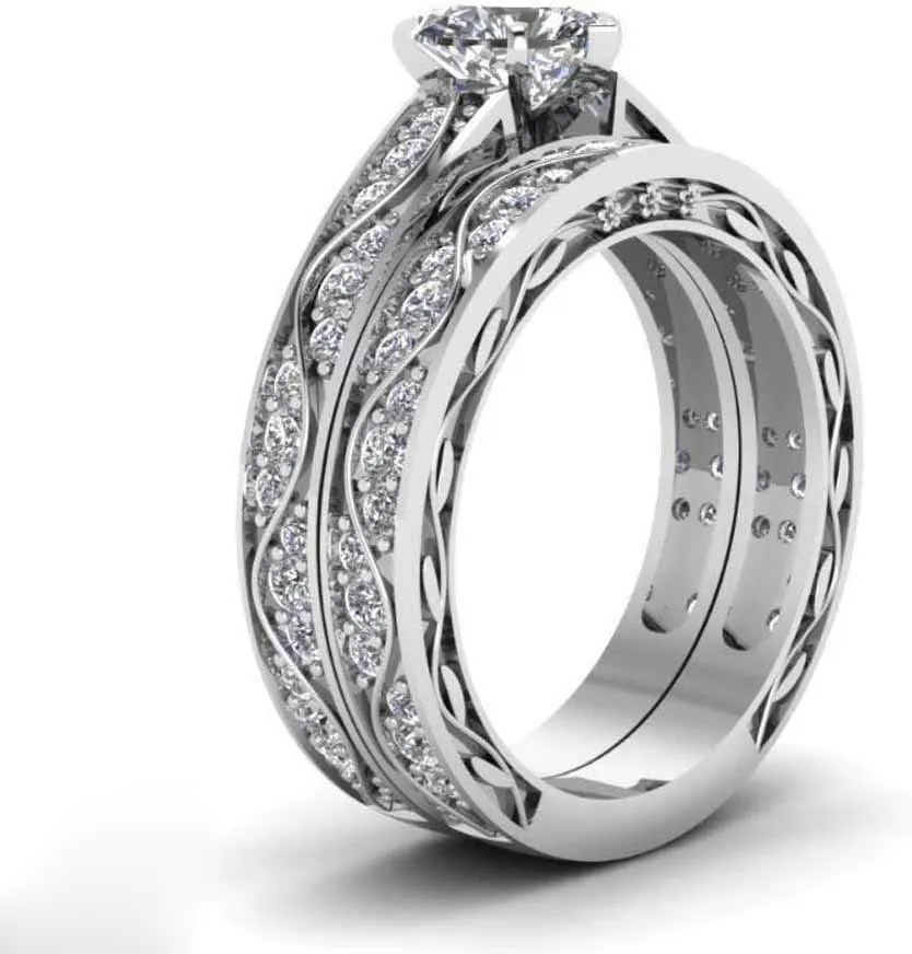 ringheart Matching Rings Couple Rings White Gold Plated Heart Cut Cz Womens Wedding Ring Sets Titanium Steel Man Ring(Please Buy 2 Rings for 1 Pair