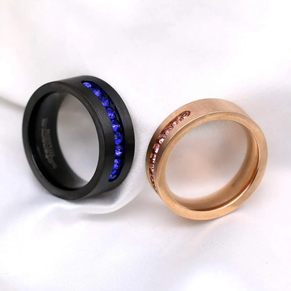 ringheart Two Rings Couple Rings Black Rose Gold Plated Titanium Steel Blue Cz Mens Wedding Band Pink Cz Womens Wedding Ring