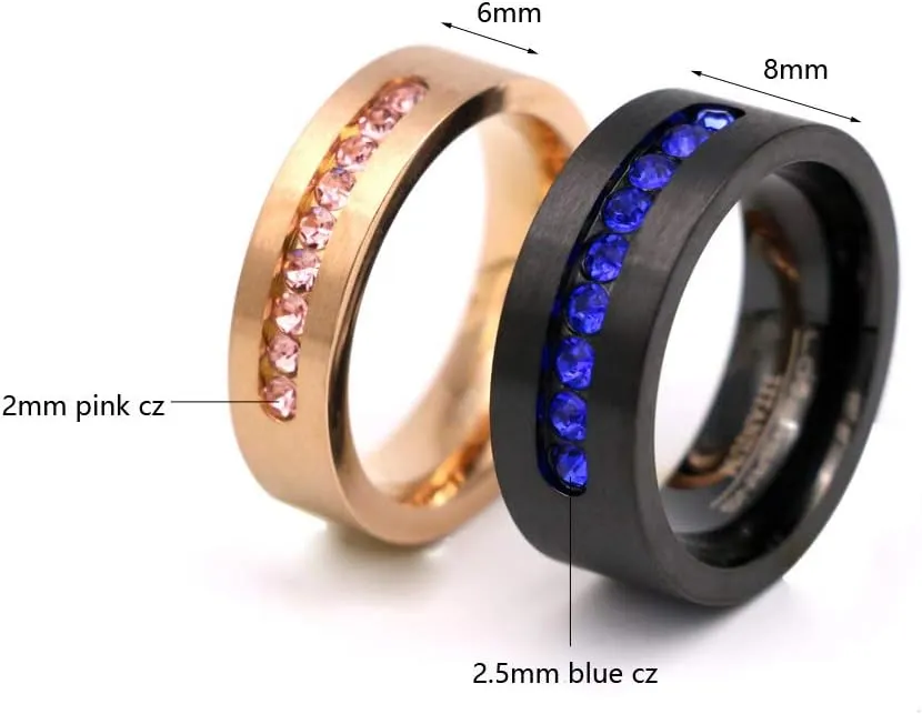 ringheart Two Rings Couple Rings Black Rose Gold Plated Titanium Steel Blue Cz Mens Wedding Band Pink Cz Womens Wedding Ring
