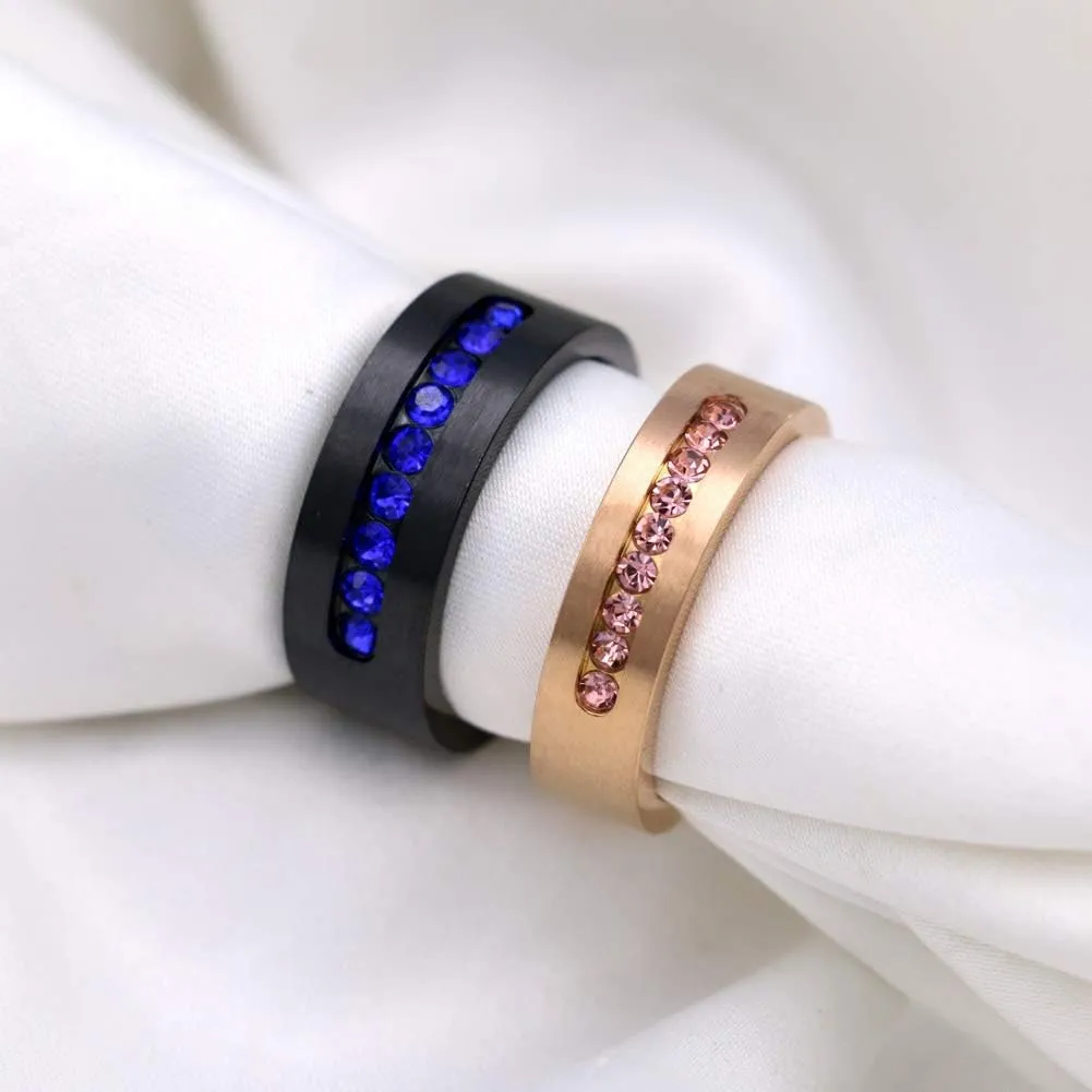 ringheart Two Rings Couple Rings Black Rose Gold Plated Titanium Steel Blue Cz Mens Wedding Band Pink Cz Womens Wedding Ring