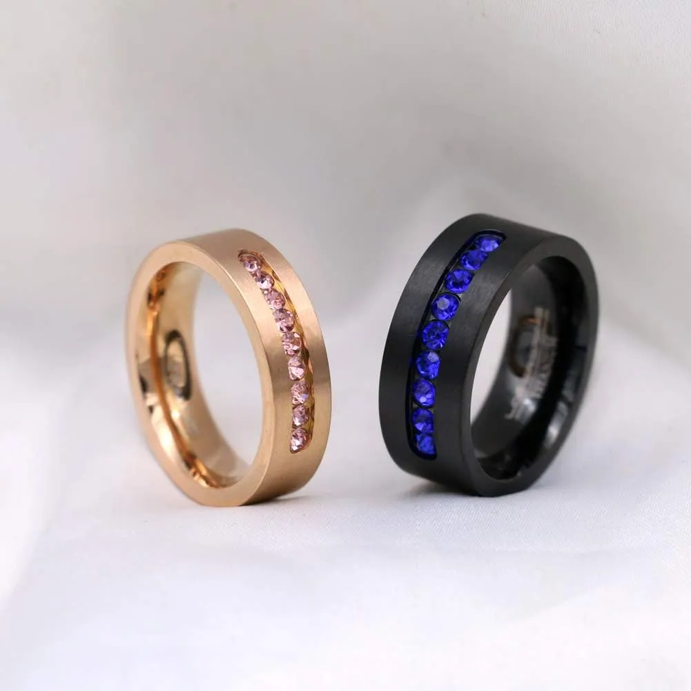 ringheart Two Rings Couple Rings Black Rose Gold Plated Titanium Steel Blue Cz Mens Wedding Band Pink Cz Womens Wedding Ring