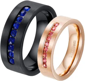 ringheart Two Rings Couple Rings Black Rose Gold Plated Titanium Steel Blue Cz Mens Wedding Band Pink Cz Womens Wedding Ring