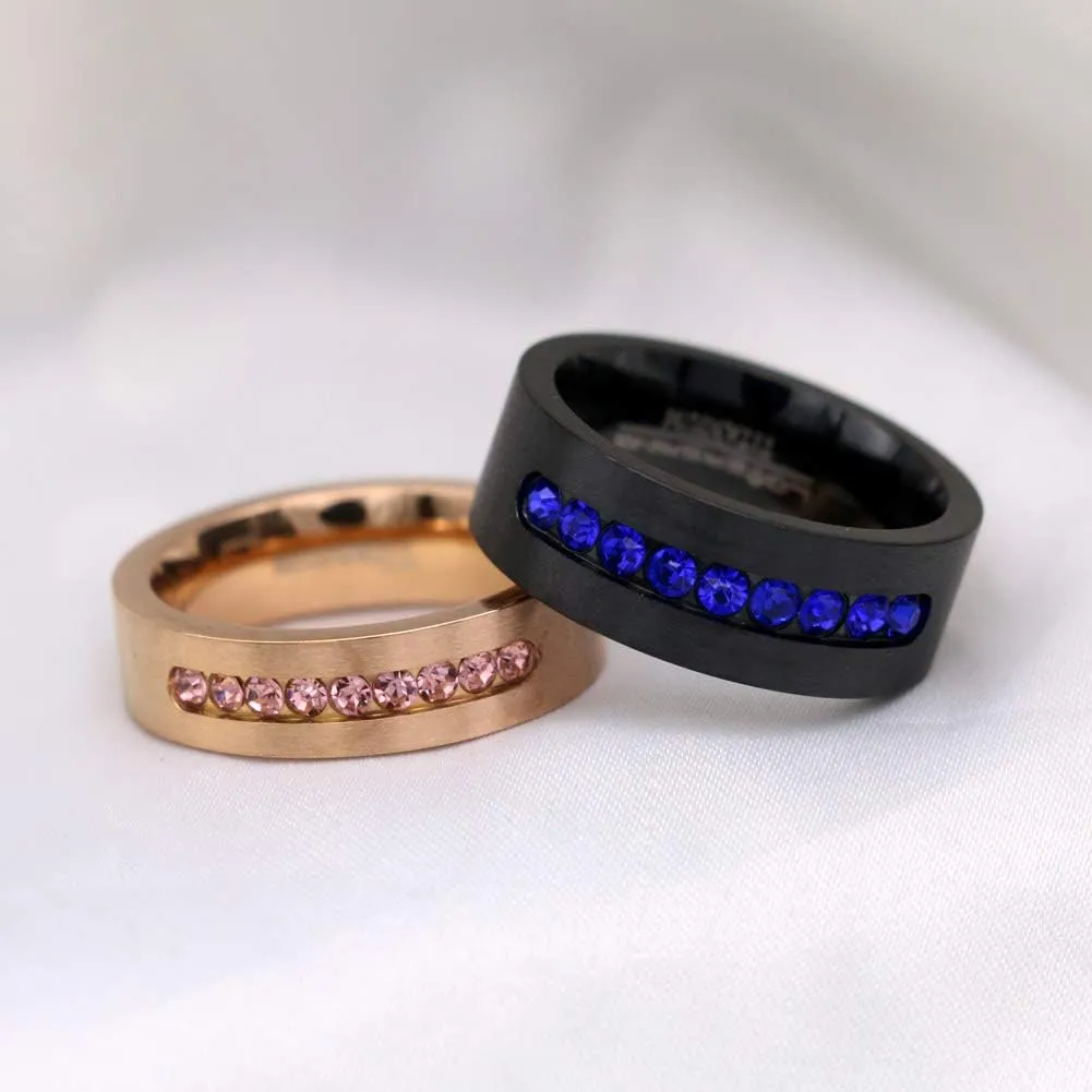 ringheart Two Rings Couple Rings Black Rose Gold Plated Titanium Steel Blue Cz Mens Wedding Band Pink Cz Womens Wedding Ring