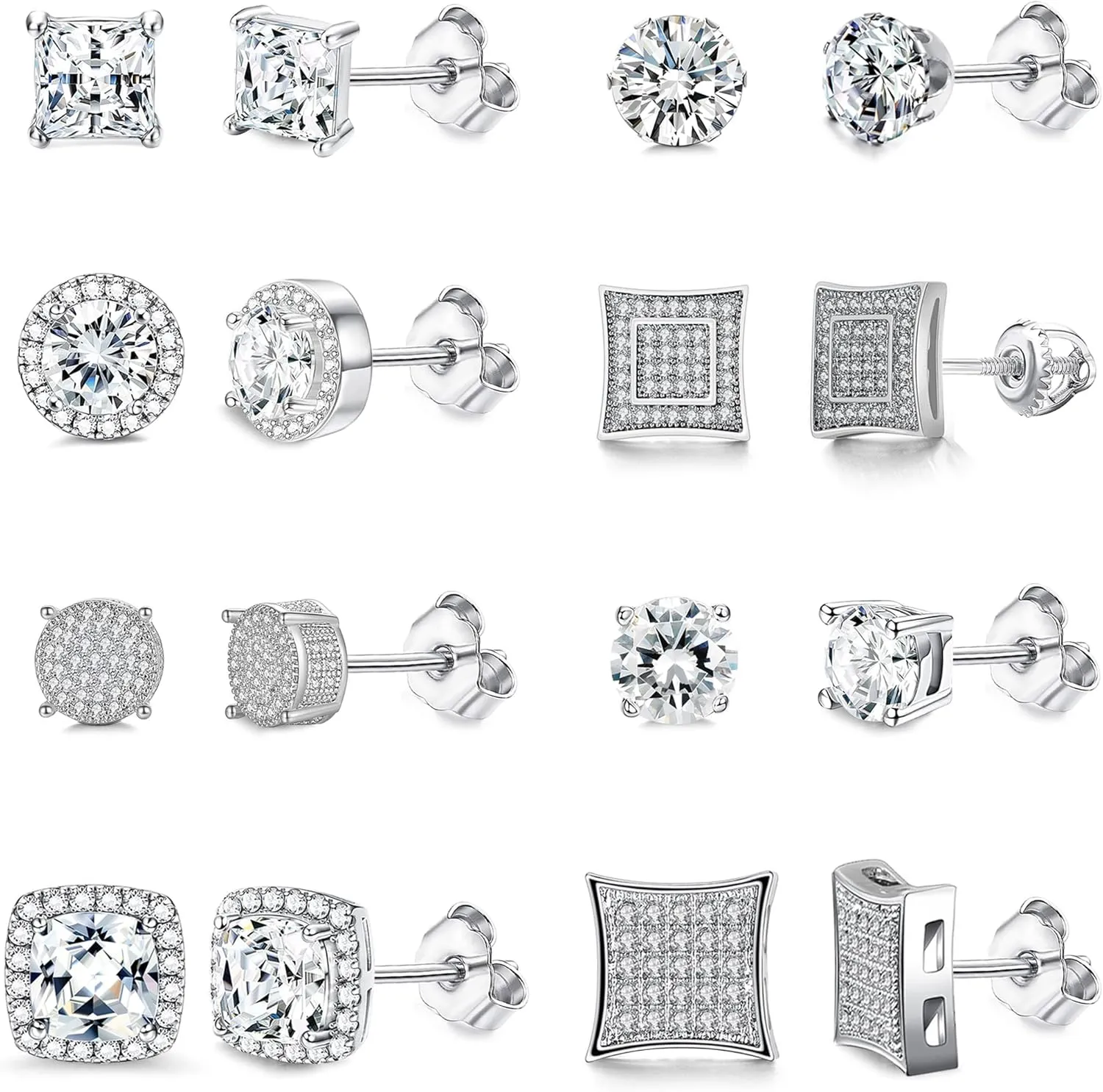 RIOSO 8Pairs Stud Earring of Men Women Silver Cubic Zirconia Square Round CZ Stud Earrings
