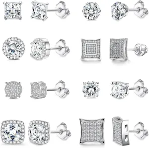 RIOSO 8Pairs Stud Earring of Men Women Silver Cubic Zirconia Square Round CZ Stud Earrings